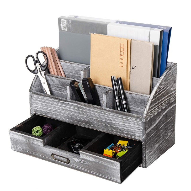 canwedance Distressed Rustic Wooden Office Desk Organizer 5 Compartment with 2 Drawer &Counter Desk Tabletop Desktop Mail Rack, Pens, Notebooks, Folders, Pencils and Office Supplies (grey) - Image 4